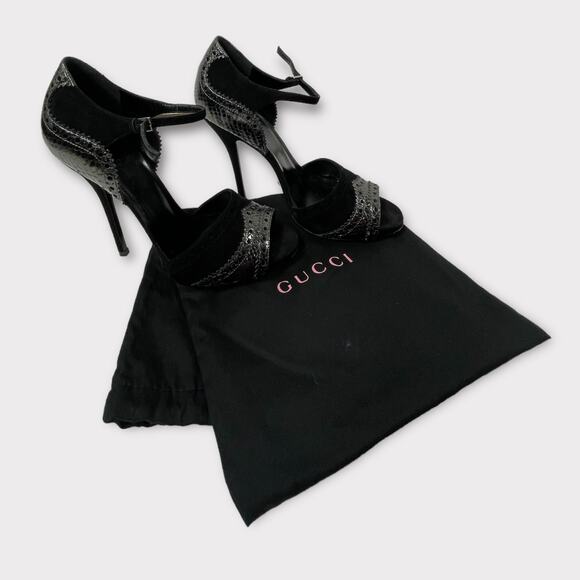 GUCCI Black SILVER PYTHON Black Suede BROGUE MARY JANE 38 1/2 - Picture 2 of 11